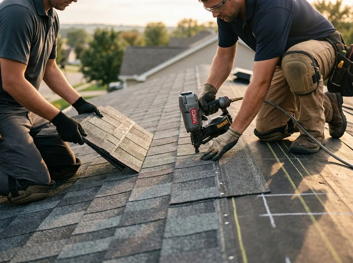 Professional roofer working on a residential roof in Loughman